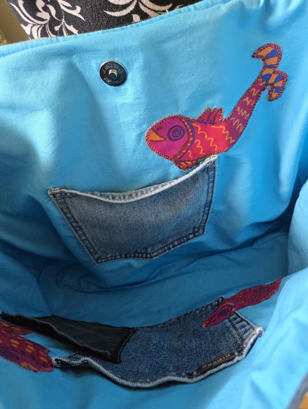 Denim Patchwork Tote Bag with Bright Blue Lining - Picture 5 of 7